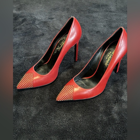 Saint Laurent Red Leather Studded Pointed Toe Pumps size 37 - Picture 2 of 7